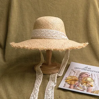 Новая дышащая соломенная шляпа для женщин, корейская шляпа от солнца с кружевной лентой и кисточками, панама из рафии с большими полями для праздничной пляжной вечеринки