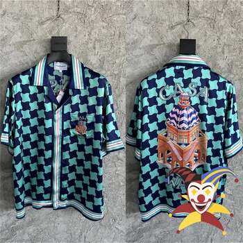 Синяя клетчатая шелковая рубашка Casablanca с принтом Замка, Уличная одежда Для Мужчин И женщин, Гавайские Пляжные рубашки с коротким рукавом