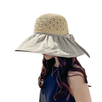 Летняя шляпа с защитой от ультрафиолета, Женские пляжные шляпы от Солнца, Аксессуары для отдыха на природе, Складная вязаная шапка с широкими полями и бантом