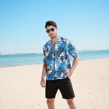 Летняя мужская рубашка с гавайским принтом и короткими рукавами европейского размера для пляжных и приморских мужчин