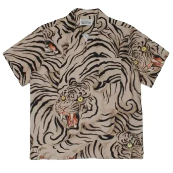 Guiltyparties Татуировка тигра с принтом Сумасшедшего Гавайского граффити Рубашка с коротким рукавом для мужчин Летний Свободный Кардиган в японском стиле