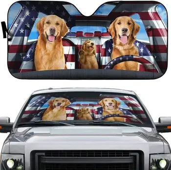 Семейство собак Happy Golden Retriever с американским флагом, Автомобильный солнцезащитный козырек, Золотистый ретривер за рулем с флагом США, Автоматический солнцезащитный козырек для солнцезащитного крема,