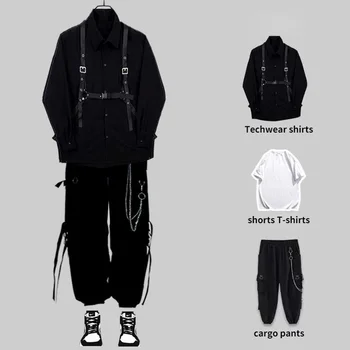 HOUZHOU Techwear Брючные комплекты Мужская одежда в стиле панк из 3 предметов, Черные брюки-карго, Рубашки с длинными рукавами, Корейская Уличная одежда в стиле хип-хоп, Весна