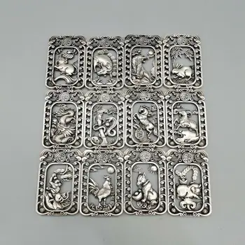 12 шт. Старинный китайский тибетский серебряный зодиакальный амулет ручной работы, подвеска, поясная карточка