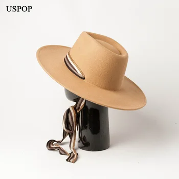 USPOP женские фетровые шляпы с широкими полями, шерстяные джазовые шляпы, женские полосатые шерстяные шляпы с длинной лентой