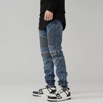 Высокие Уличные Модные Мужские Джинсы в стиле Ретро, Синие Эластичные Тонкие Рваные Байкерские джинсы, Мужские Дизайнерские брюки на молнии в стиле хип-хоп Панк, Hombre