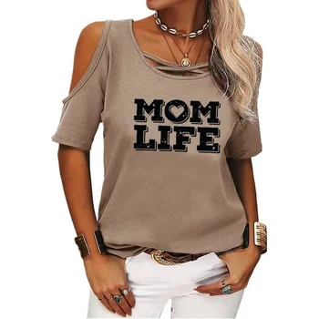 Женская футболка Mom Life с круглым вырезом и открытыми плечами, Korte Mouw, Vrouwen, Сексуальная Повседневная футболка Zomer, топы на бретелях Mode Losse Trui