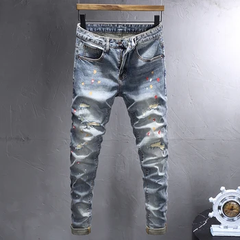 Уличные Модные мужские джинсы в стиле ретро, Синие Эластичные Стрейчевые облегающие Винтажные Рваные джинсы, Мужские Дизайнерские брюки в стиле хип-хоп