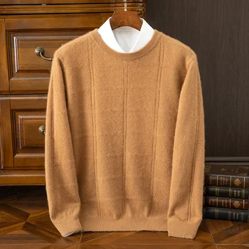 Осенне-зимний мужской новый модный 100% кашемировый вязаный пуловер в клетку с круглым вырезом, универсальная блузка
