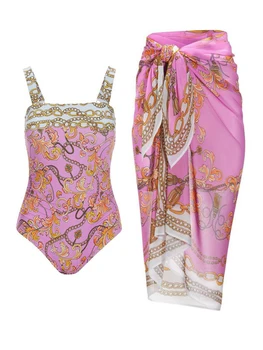 Цельный купальник с винтажным принтом и накидкой 2023, женский комплект бикини