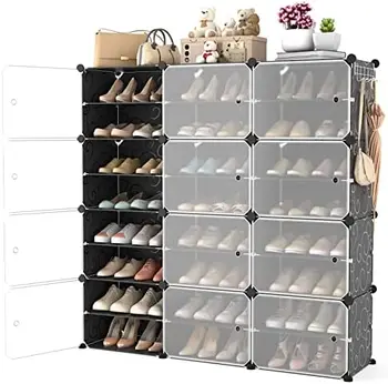 Органайзер для обуви с дверцей, шкаф для хранения обуви на 48 пар, Простая сборка, Пластиковый Регулируемый органайзер для хранения обуви, штабелируемый