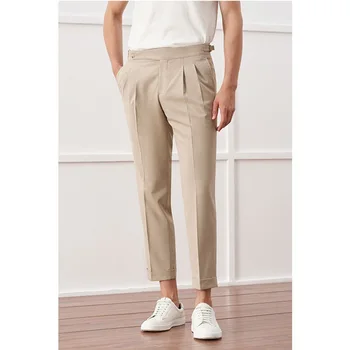 Костюмные брюки абрикосового цвета, мужские облегающие повседневные укороченные брюки, летний деловой джентльмен без железа, Неаполь Париж на пуговицах