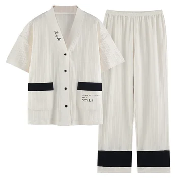 Пижама, женские летние хлопковые брюки с короткими рукавами, кардиган, комплект из двух предметов, тонкая повседневная домашняя одежда большого размера. рекомендуется