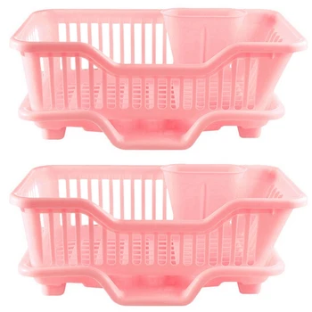 2X Экологичный пластиковый Набор для кухонной раковины с сушилкой для посуды, подставка для мытья Посуды, корзина-лоток, приблизительно 17,5 X 9,5 X 7 дюймов (розовый)