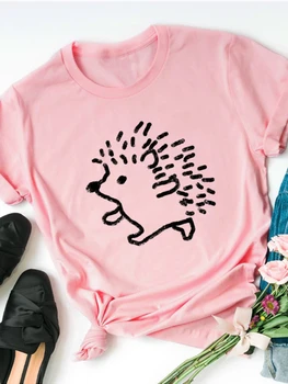 Женская футболка с забавным принтом Ежика, Короткий рукав, O-образный вырез, Свободная Женская футболка, Женская летняя футболка, топы, Одежда