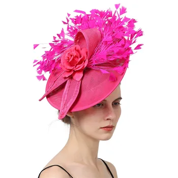Элегантная Ярко-розовая заколка для волос с перьями, Шляпа для вечеринки, Коктейльный головной убор, Женский Головной убор с цветочным рисунком