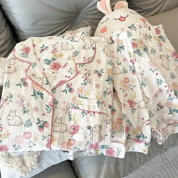 Пижама с милым кроликом, Женская летняя хлопковая пижама, Шорты с коротким рукавом, корейская версия из двух предметов, милая повседневная домашняя одежда