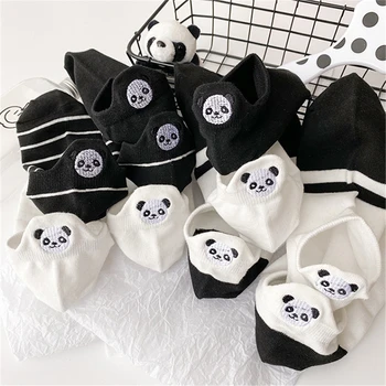 Забавные Милые Носки с вышивкой в виде Панды, женские носки Harajuku Divertidos Kawaii, Белые, черные, Полосатые, с короткими щиколотками, Sokken