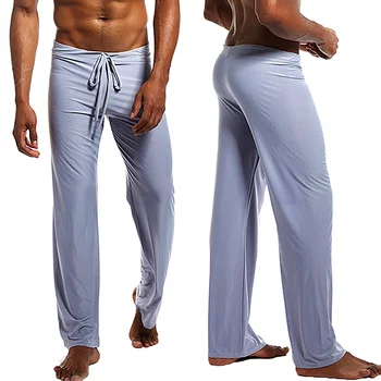 Мужские Пижамные брюки с низкой талией, однотонные брюки на шнурках из Ледяного шелка, Длинные эластичные штаны для йоги, Свободная Повседневная домашняя одежда