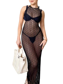 Женское прозрачное кружевное пляжное платье-накидка с завязками на бретелях, без рукавов и без спинки - стильный купальник-накидка для