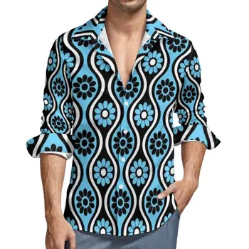 Повседневные Рубашки в стиле ретро 70-х, Мужская Винтажная Синяя Рубашка с Рисунком, Винтажные Стильные Блузки с Длинным Рукавом, Весенний Топ на Заказ, Плюс Размер