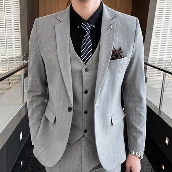 (Куртка + жилет + брюки) Высококачественный брендовый деловой мужской костюм-тройка для жениха, свадебное платье, однотонный костюм, блейзер