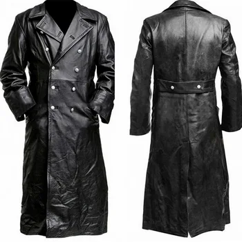 Винтажная мужская куртка из искусственной кожи высшего качества, зимний длинный тренч на пуговицах, мужская деловая верхняя одежда, Модное офицерское пальто премиум-класса Черного цвета