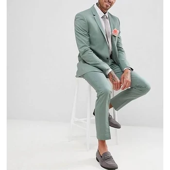 Элегантный мужской свадебный приталенный костюм Жениха, зеленый Круглый воротник, деловой формальный костюм для выпускного вечера, костюм из 2 предметов