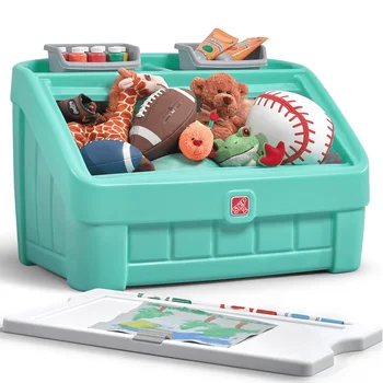 Пластиковая коробка для игрушек для малышей 2 в 1 с крышкой для рисования, мятный цвет