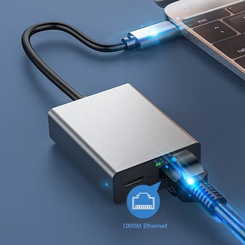 1000 Мбит/с Интернет-кабель Type-C-RJ45, подключаемый сетевой адаптер USB-Ethernet, поддержка зарядки PD для мобильного телефона/ планшета