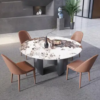 Современный Легкий Роскошный домашний Скандинавский Вращающийся Большой круглый кухонный стол, Обеденный стол и стул из нержавеющей стали, комбинация