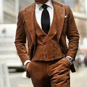 Костюм Homme Коричневый вельветовый винтажный мужской деловой костюм для мужчин, сшитый на заказ для свадьбы, смокинг для жениха на выпускной, приталенный, 3 шт.