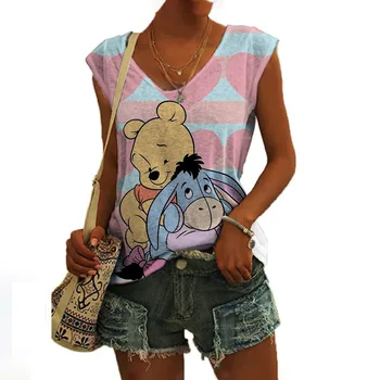 Летняя модная женская одежда 2023 года, футболка с короткими рукавами и 3D принтом Disney Winnie the Pooh Tigger, женский жилет с V-образным вырезом, повседневная футболка с