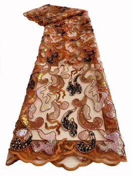 2022 Высококачественная Оранжевая Модная африканская Тюлевая Кружевная ткань С блестками для Шитья свадебного платья