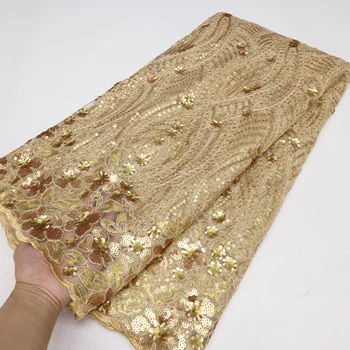 Золотая африканская 3D Сетчатая кружевная ткань 5 Ярдов 2023, Высококачественное Вышитое Кружево, Французская Нигерийская Кружевная ткань с пайетками Для Свадебного платья