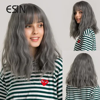 Синтетический парик ESIN средней длины Серо-голубой Объемной волны с челкой для косплея на каждый день Натуральные парики для женщин из термостойких волос