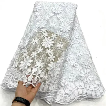 Белая Кружевная ткань с блестками, 5 Ярдов, 2023, Модная Высококачественная Нигерийская Французская Кружевная ткань из молочного Шелка для пошива платьев