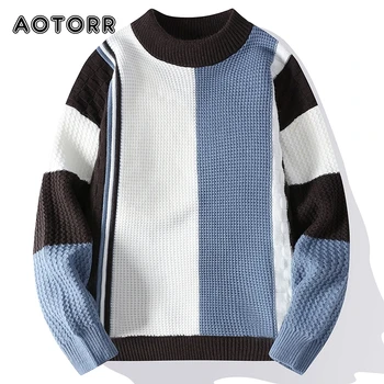 Новый повседневный мужской свитер в стиле пэчворк, модный Свободный пуловер с круглым вырезом, Осенний трикотаж с длинными рукавами в стиле Харадзюку, большие размеры 4XL