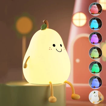 Детский Ночник Led Cute Pear Fruit USB Перезаряжаемый, 7 Цветов, Затемняющая Сенсорная Силиконовая Настольная лампа, Мультяшный Декор Спальни