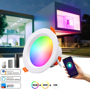 Tuya WiFi Умный светодиодный светильник 5 Вт 9 Вт 12 Вт 15 Вт Затемняющие точечные светильники RGB Цветной круглый светодиодный потолочный светильник Работает с Alexa Google Home
