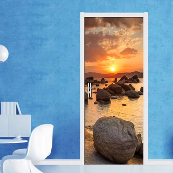 3D наклейка на межкомнатную дверь, настенная роспись на двери в спальню, 3D обои, водонепроницаемые самоклеящиеся 3D обои Sunset Rock с видом на море