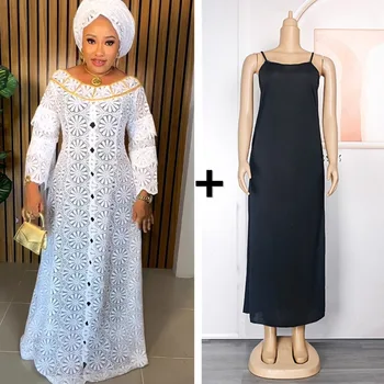 Белые Кружевные Африканские платья для женщин 2023 Дашики Африканская одежда Вечернее платье Халат Африканский Плюс Размер Мусульманский Кафтан Макси Платье