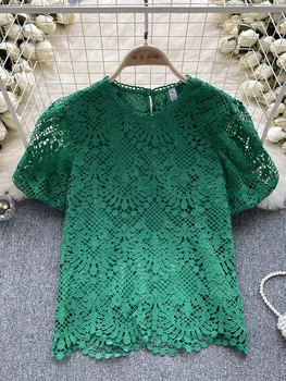 Женские летние футболки, открытая футболка с короткими рукавами в виде цветка и крючка, новая приталенная кружевная рубашка с нишевым дизайном, Тренд D4726