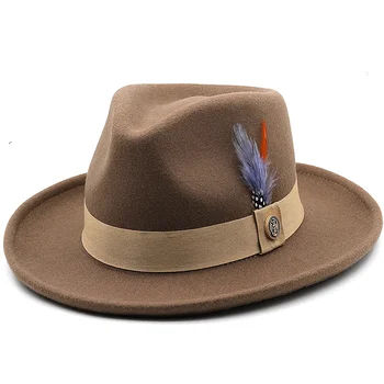 Новая Фетровая Джазовая Фетровая шляпа с перьями, Шерстяная Фетровая шляпа в стиле Джаз, Женская Унисекс, Панама с широкими полями, Ковбойская кепка, Мужская Джентльменская Свадебная шляпа