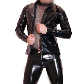 Мужская сексуальная глянцевая черная рубашка из искусственной кожи с длинными рукавами, приталенная стильная куртка в обтяжку