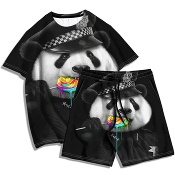 Китайская панда мультфильм 3D печатных шорты футболки костюмы костюмы летние мужские 2 шт повседневный пляжный отдых наряды, мужской Sportsw