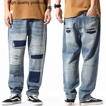 Модные рваные джинсы, мужские прямые джинсовые брюки, свободная мешковатая уличная одежда, потертые брюки в стиле пэчворк, одежда