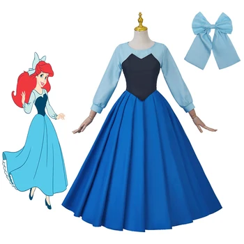 Русалка Косплей Ариэль Голубое платье с бантом, головной убор для женщин, Элегантное Бальное платье Принцессы, Карнавальный костюм на Хэллоуин