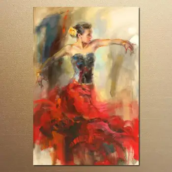 Красивая Большая Картина Маслом на Холсте с Танцующей Ручной Росписью Леди в Красном Платье, Картина для Декора Стен Отеля