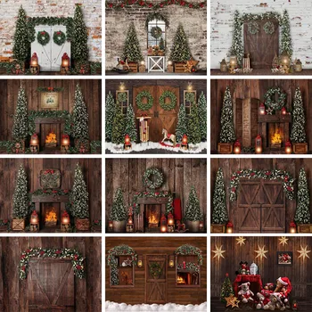 Рождественский камин, фон для фотосъемки, Рождественская елка, Зимняя Винтажная Деревянная стена в деревенском стиле, Рождественский фон для фотосессии, окна, фотосессия